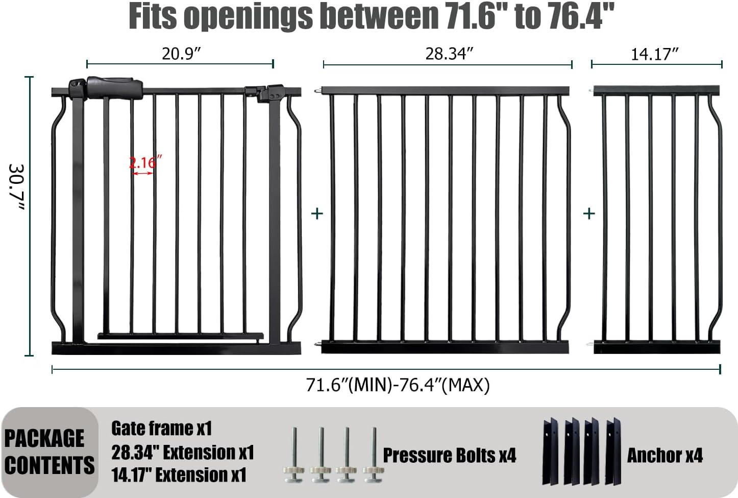 Extra Wide Baby Gates - 71.6-76.4 Inch, Black Metal Pressure Mounted Child & Pet Gates for Stairs & Doorways