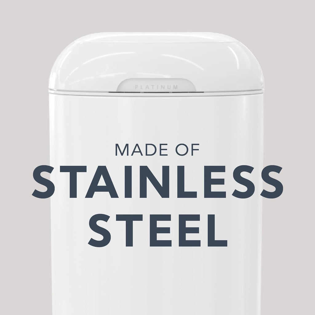 Diaper Genie Platinum Pail (Lilly White) is Made of Durable Stainless Steel and Includes 1 Easy Roll Refill with 18 Bags That can Last up to 5 Months.
