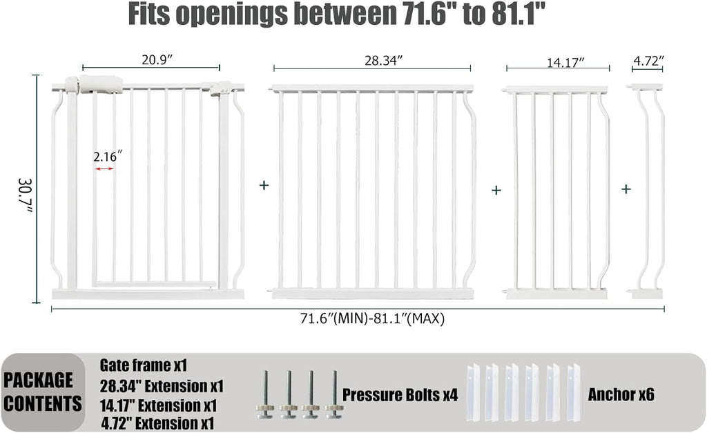 Heavy Duty Baby & Dog Safety Gate - Extra Wide 76.4-81.1 Inch, White Metal, Tension Mounted No Drilling Pet Gate for Stairs & Doorways, 30 Inch Tall