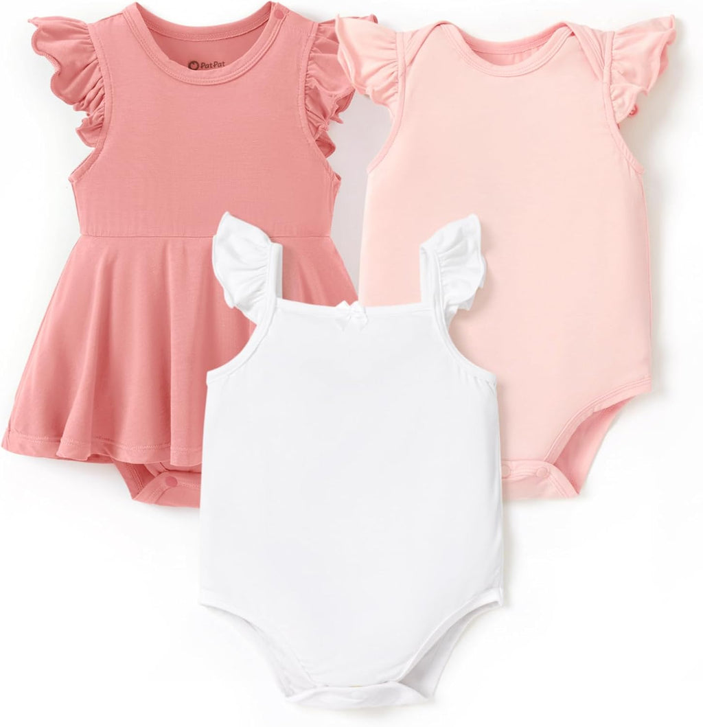 PATPAT Baby Girl Bodysuits - Soft Bamboo Viscose - Flutter Sleeves Cute Dress - Newborn Infant Summer Clothes - 3 Pack