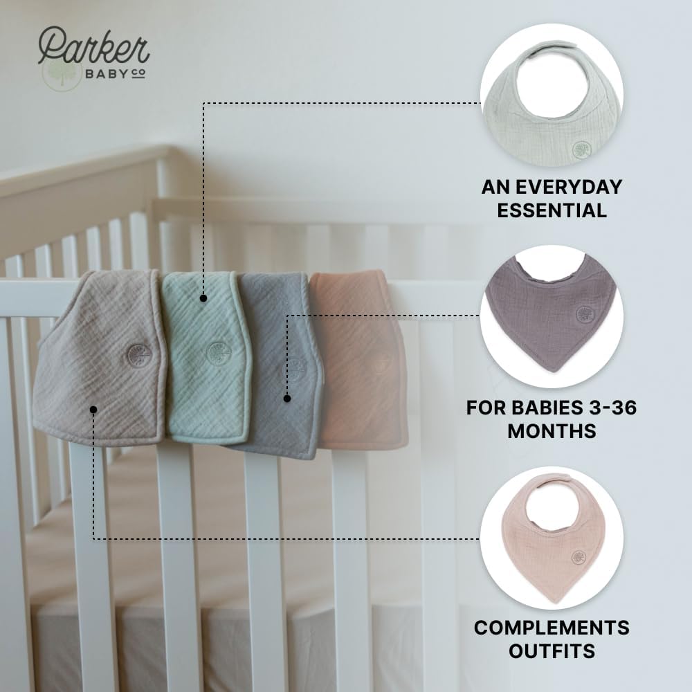 Parker Baby Muslin Bandana Drool Bibs | 100% Soft Muslin Cotton, Absorbent & Adjustable | Stylish Teething & Drooling Bibs