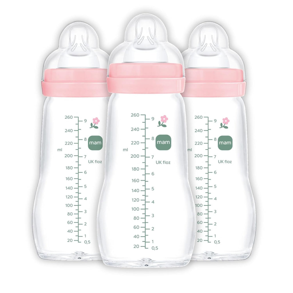 MAM Feel Good Slow Flow, Premium Glass Baby Bottles, Newborn Essentials Must Have, Easy Switch Between Breast and Bottle, 9oz, 2+ Months, BPA Free, Girl, 3 Pack
