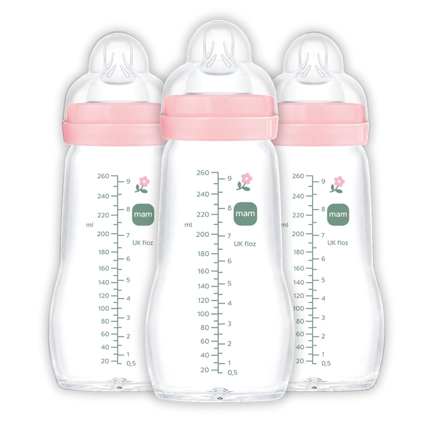 MAM Feel Good Slow Flow, Premium Glass Baby Bottles, Newborn Essentials Must Have, Easy Switch Between Breast and Bottle, 9oz, 2+ Months, BPA Free, Girl, 3 Pack