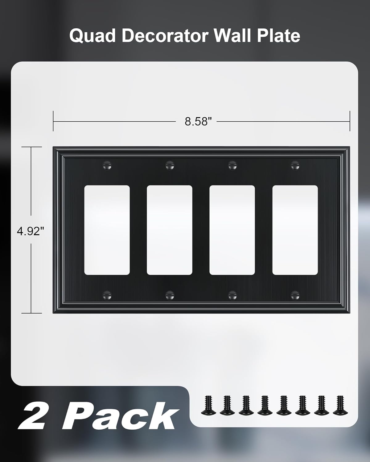 2-Pack Quad Decorator Outlet Cover Plate, Zinc Alloy Decorative Black Switch Plates and Outlet Covers, 4 Gang Wall Plates for Electrical Outlets, Receptacle, GFCI Outlet, Dimmer Switch