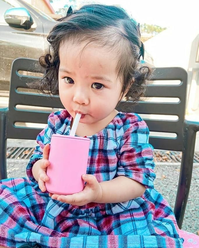 Avanchy Silicone Training Sippy Cup with Straw Lid – For Babies 6+ Months to Toddlers 1 Year Old – 8 oz Infant Water Cup for Baby Led Weaning, Magenta