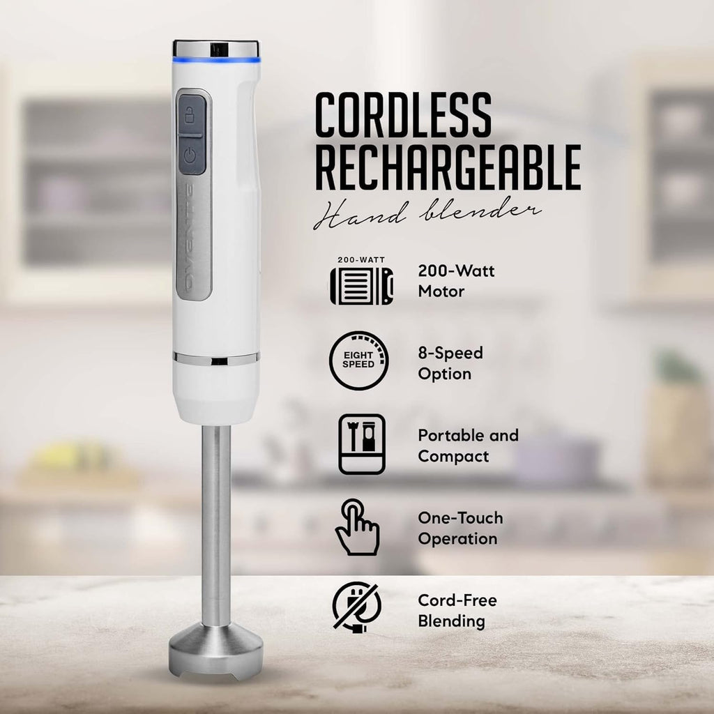 OVENTE Cordless Immersion Hand Blender, Rechargeable Handheld Portable Stick Mixer with 8 Mixing Speed Option, One-Touch Control and Stainless Steel Blades for Smoothies, Shakes or Soups, White HR781W