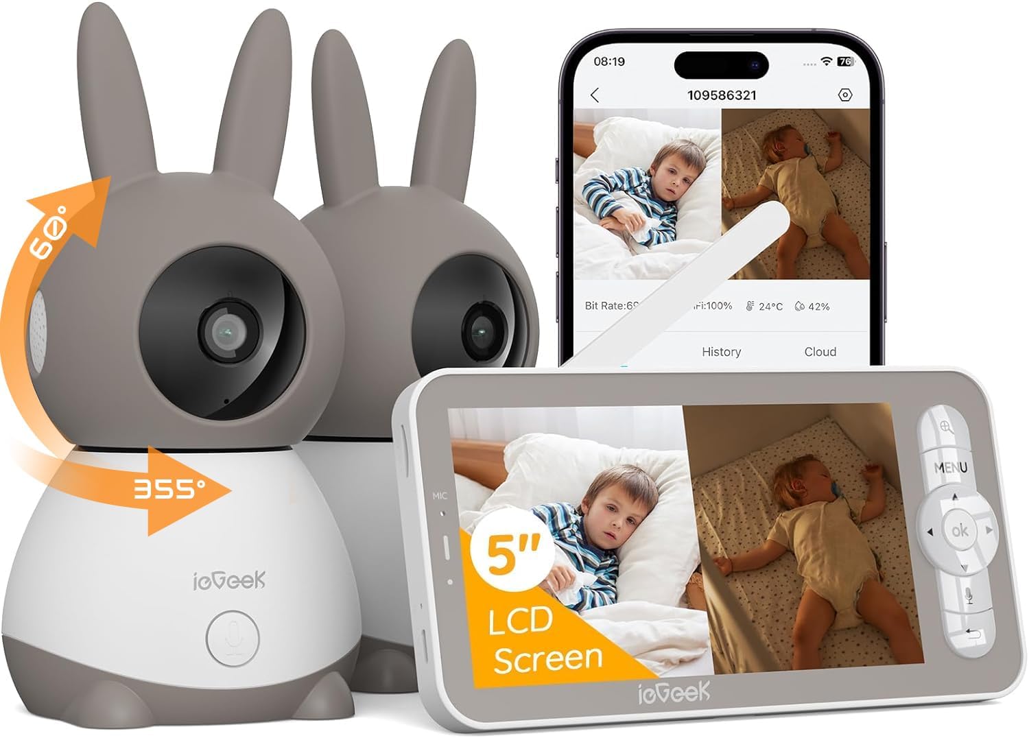 ieGeek 2K Split-Screen Baby Monitor, 5" Audio Baby Monitor with 2 Cameras, WiFi Smartphone Video Dual Camera, Night Vision, Motion & Cry Detection, Two Way Talk Temper &Humidity Sensor