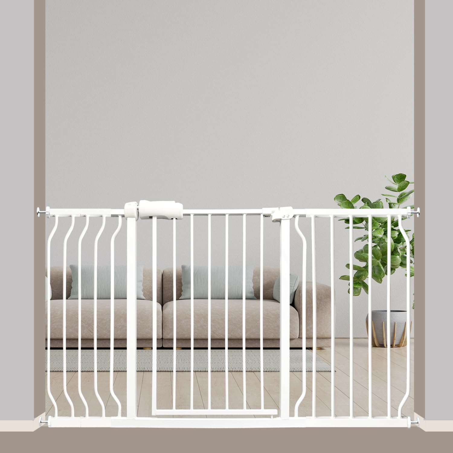 Extra Wide Baby Gate 53-57.5 Inch, Tension Mounted No Drilling, Auto Close Indoor Safety Gate for Stairs & Doorways - Metal Design for Kids and Pets, White
