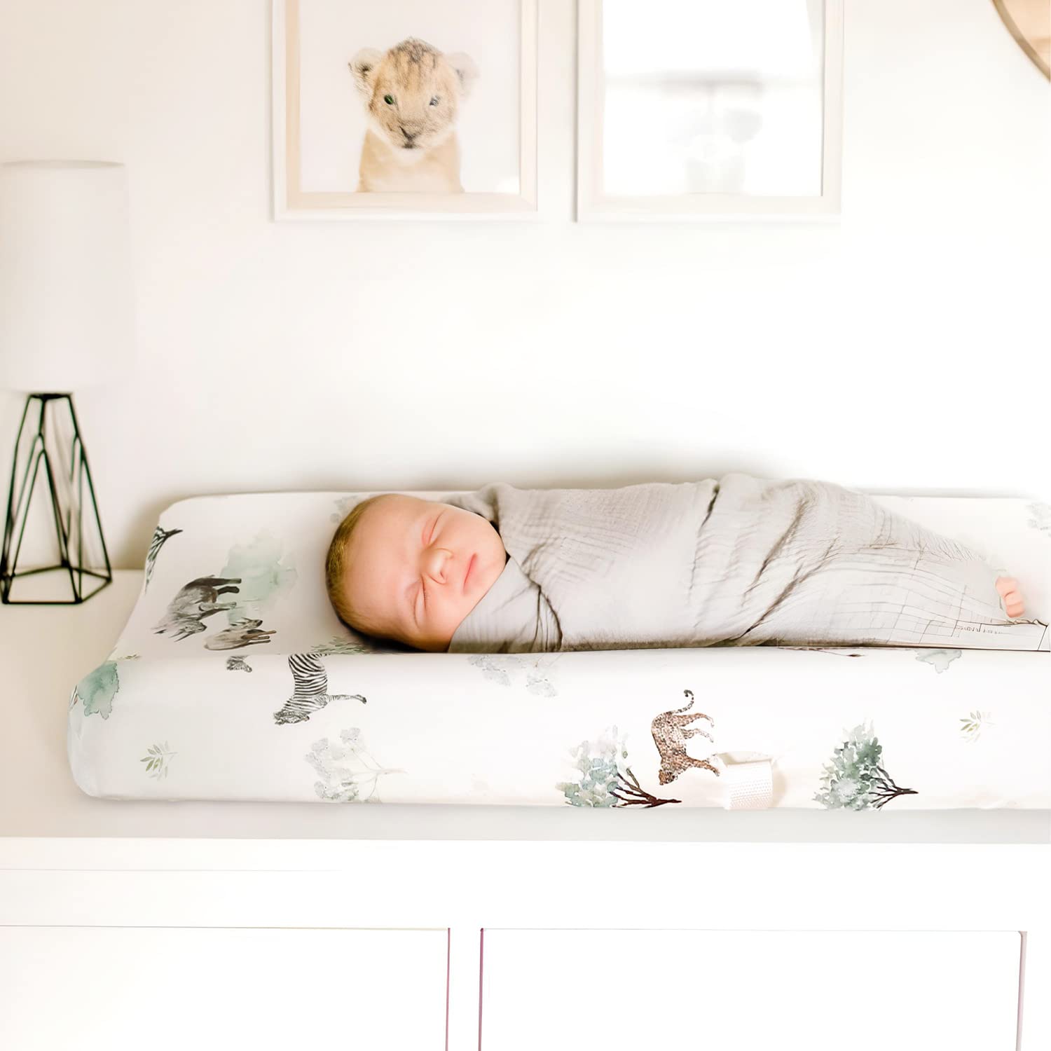 GRSSDER Stretch Ultra Soft Jersey Knit Changing Pad Cover Set 2 Pack, Change Table Pad Covers Fit 32"/34" x 16" Pads Safe and Snug, Stylish Pattern for Boys and Girls, African Savannah Animals