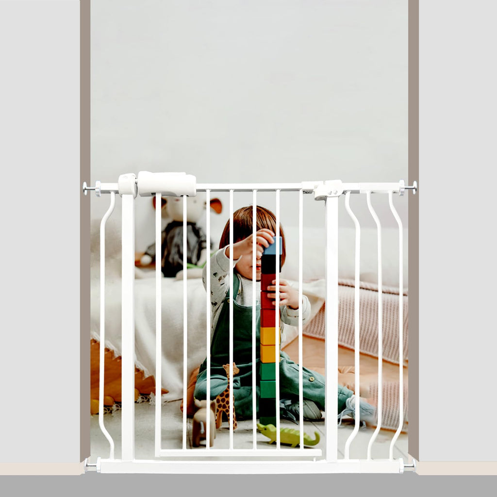 Walk Through Baby & Dog Gate 29-38.5 Inch, Pressure Mounted No Drilling, Adjustable Indoor Safety Gate for Stairs & Doorways - Metal Design for Kids and Pets, White