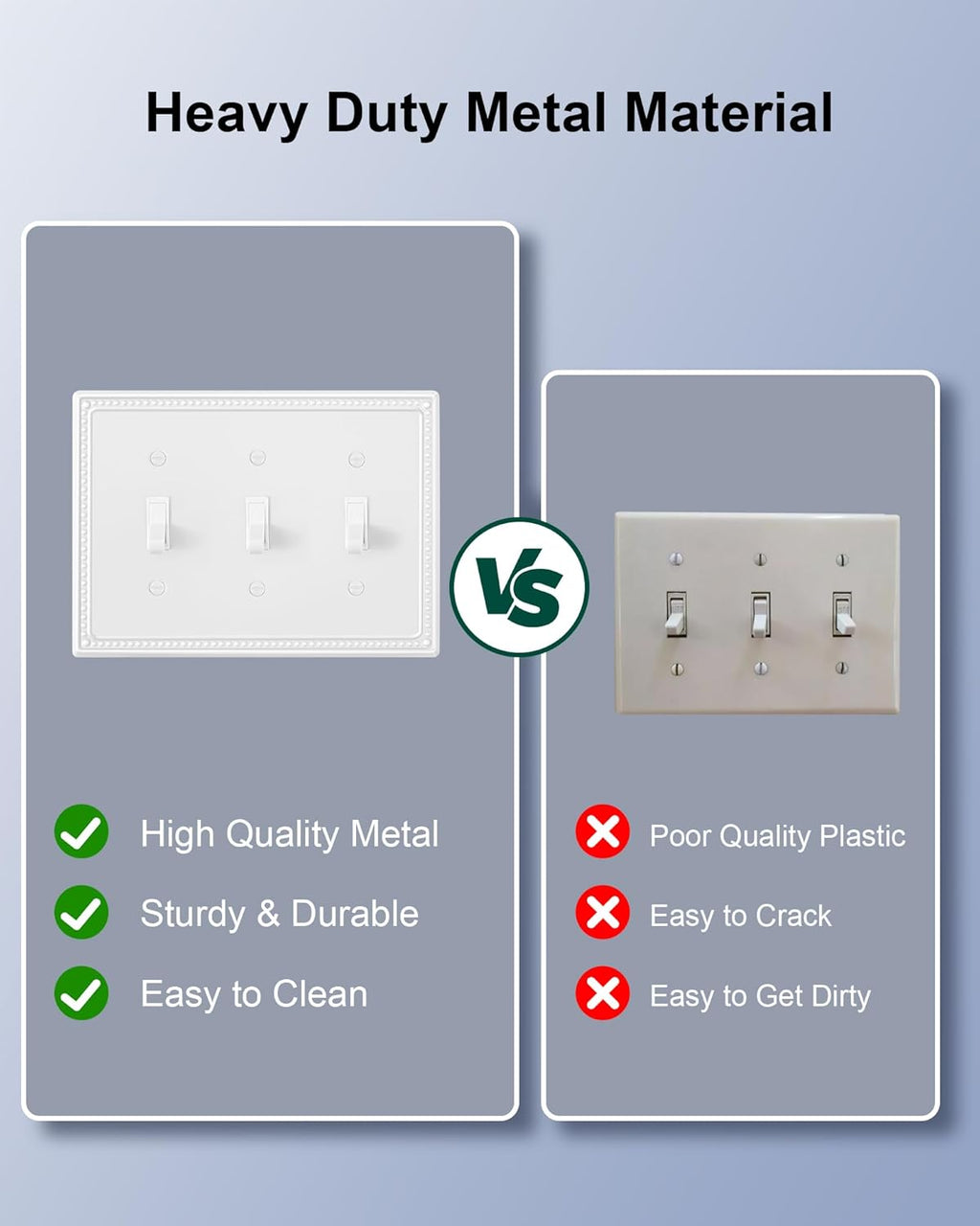 2-Pack Triple Toggle Light Switch Cover Plate, Pearls Decorative Switch Plate Covers, Pure White 3 Gang Metal Wall Plate, Corrosion Resistant