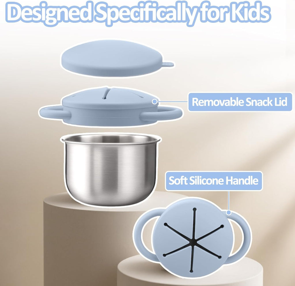 BUSOHA 2 Pack Stainless Steel Toddler Snack Cups - 9 OZ Spill-Proof Baby Snack Containers with Silicone Catcher and Lid Travel Snack Containers for Kids Food Grade Silicone Dishwasher Safe