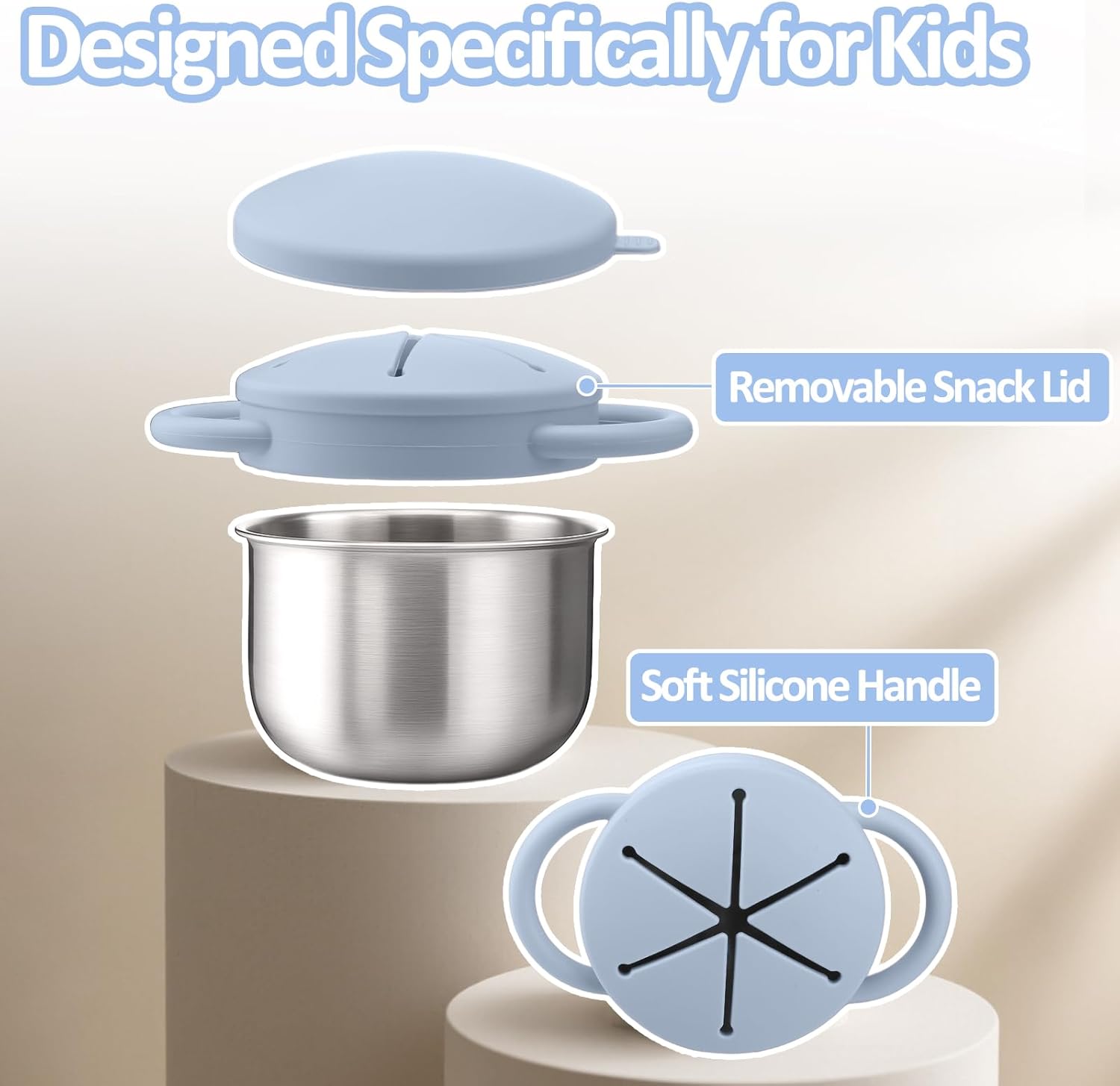 BUSOHA 2 Pack Stainless Steel Toddler Snack Cups - 9 OZ Spill-Proof Baby Snack Containers with Silicone Catcher and Lid Travel Snack Containers for Kids Food Grade Silicone Dishwasher Safe