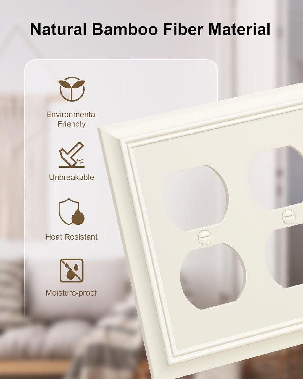 2-Pack Double Duplex Outlet Cover, Light Almond Decorative Switch Plates and Outlet Covers for Electrical Outlets, Durable Natural Bamboo Fiber Wall Plates, 2 Gang Receptacle Cover