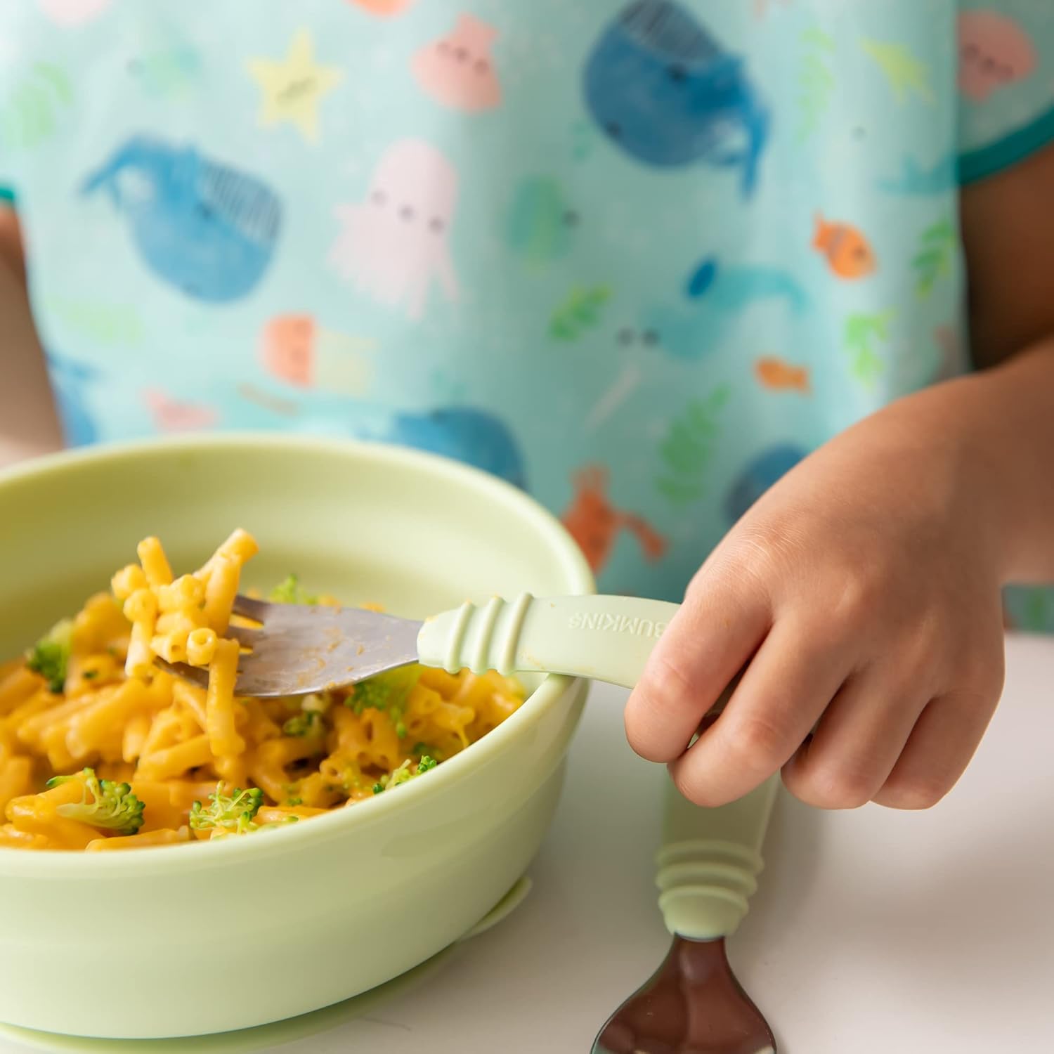 Bumkins Toddler Utensils, Kids Size Fork and Spoon Set, Silicone and Stainless-Steel Training Silverware, Angled Forks / Sporks for Self-Feeding, Children Hold Learning to Eat, 18 Mos Up, Sage Green