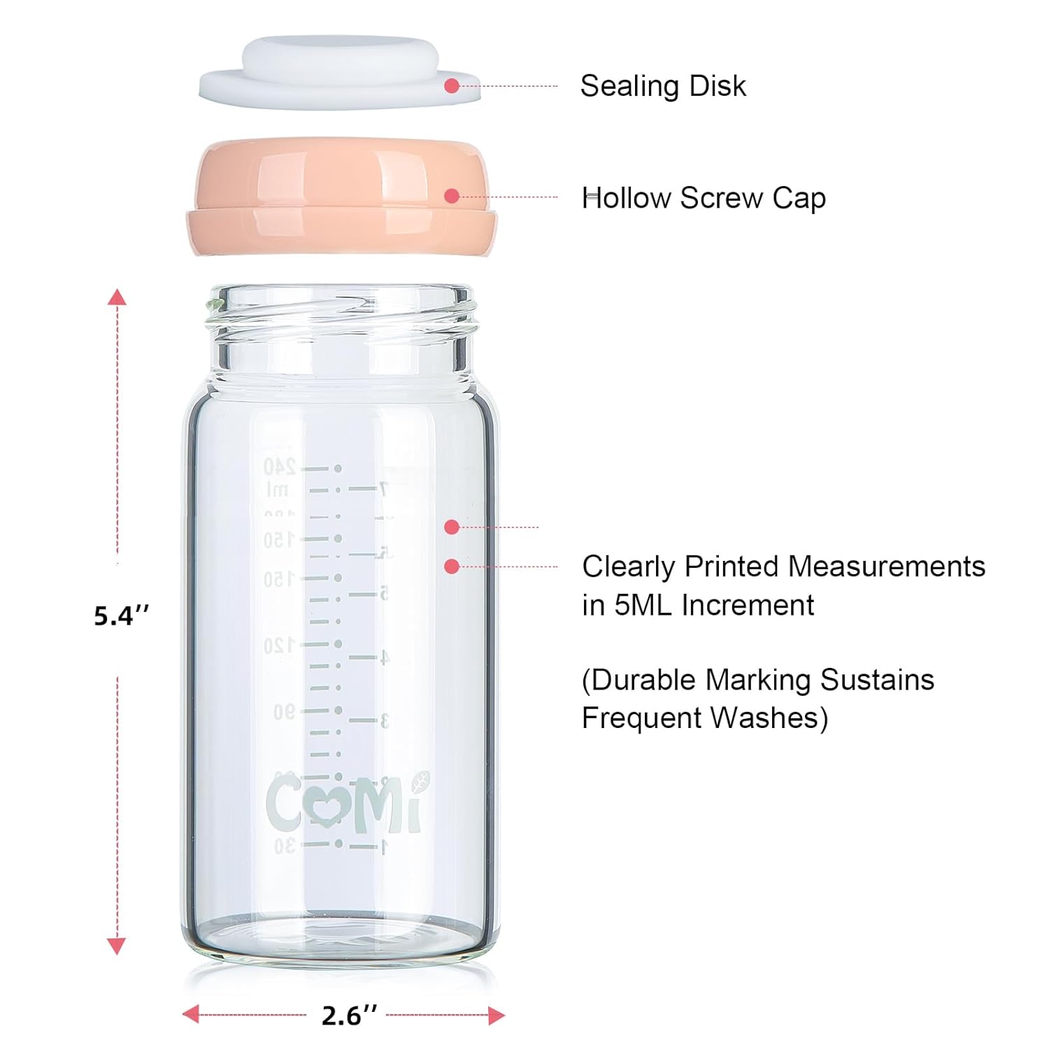 COMI Wide Neck Glass Breastmilk Collection n Storage Bottle, 8oz with Screw Ring Sealing Disk; Re-markable Sealing Disc. BPA Free, Fits Breast Pumps & Nipples (4 Pink Lids)