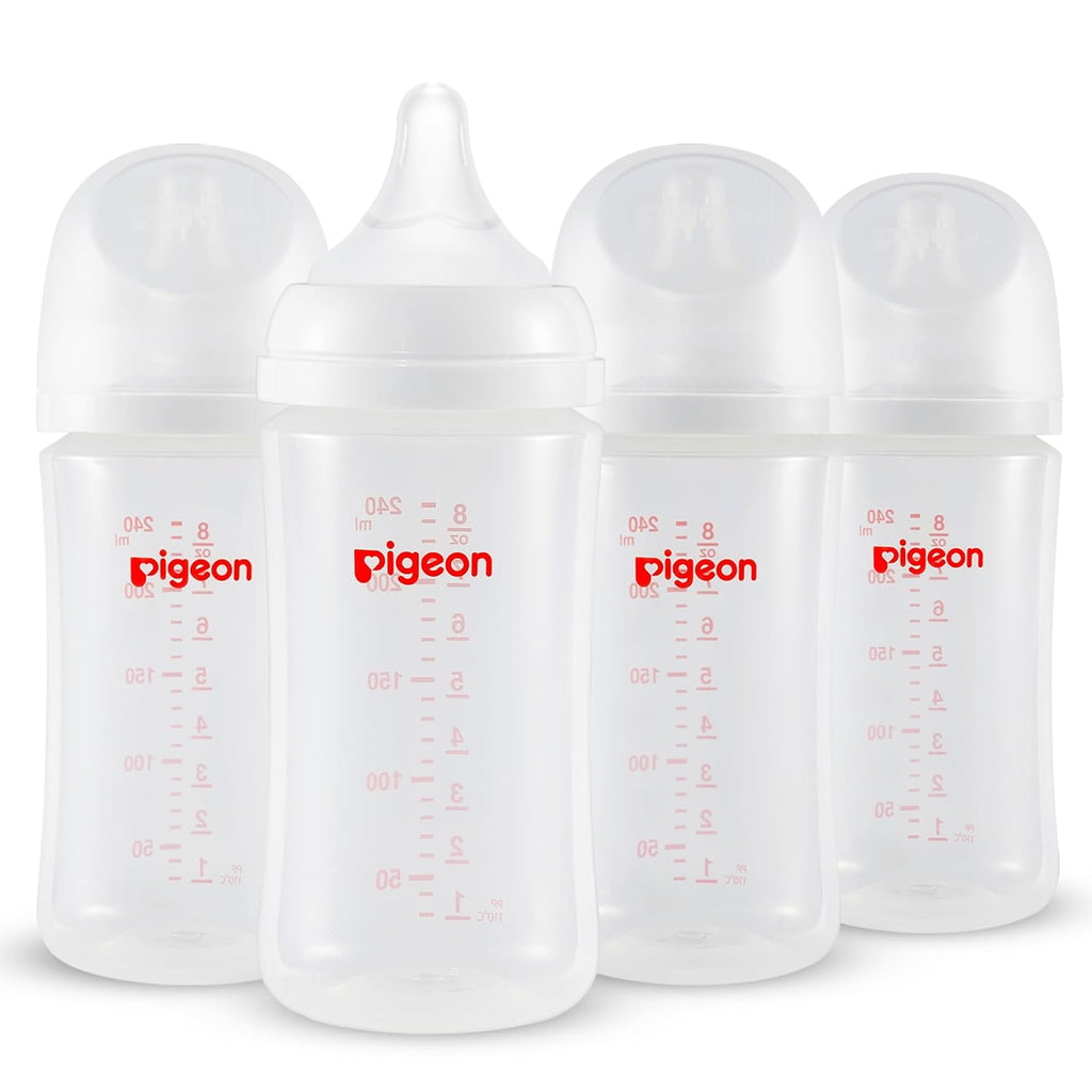 Pigeon PP Nursing Bottle Wide Neck, Anti-Colic, Streamlined Body, Natural Feel, Easy to Clean, 8.1 Oz(Pack of 4), Includes 4pcs M Nipples (3m+)