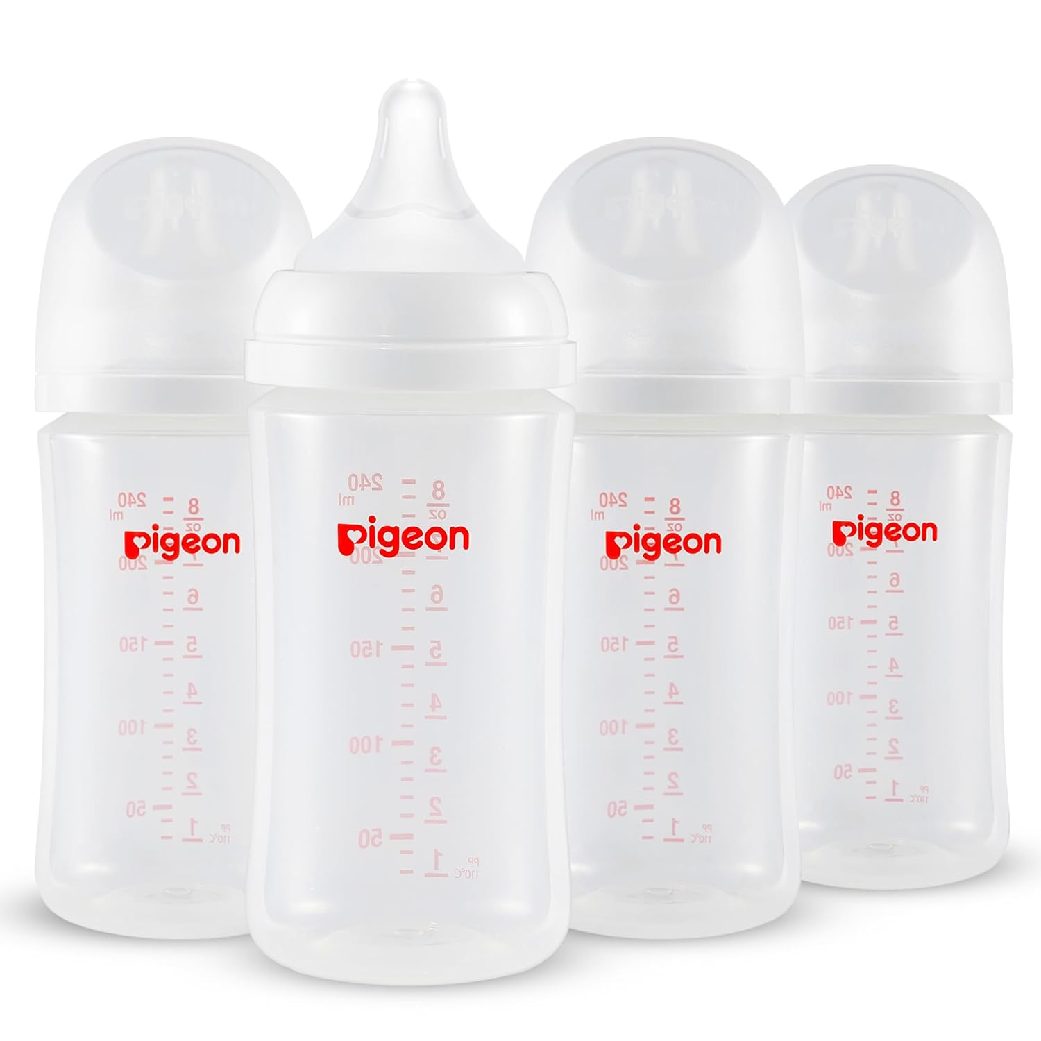 Pigeon PP Nursing Bottle Wide Neck, Anti-Colic, Streamlined Body, Natural Feel, Easy to Clean, 8.1 Oz(Pack of 4), Includes 4pcs M Nipples (3m+)