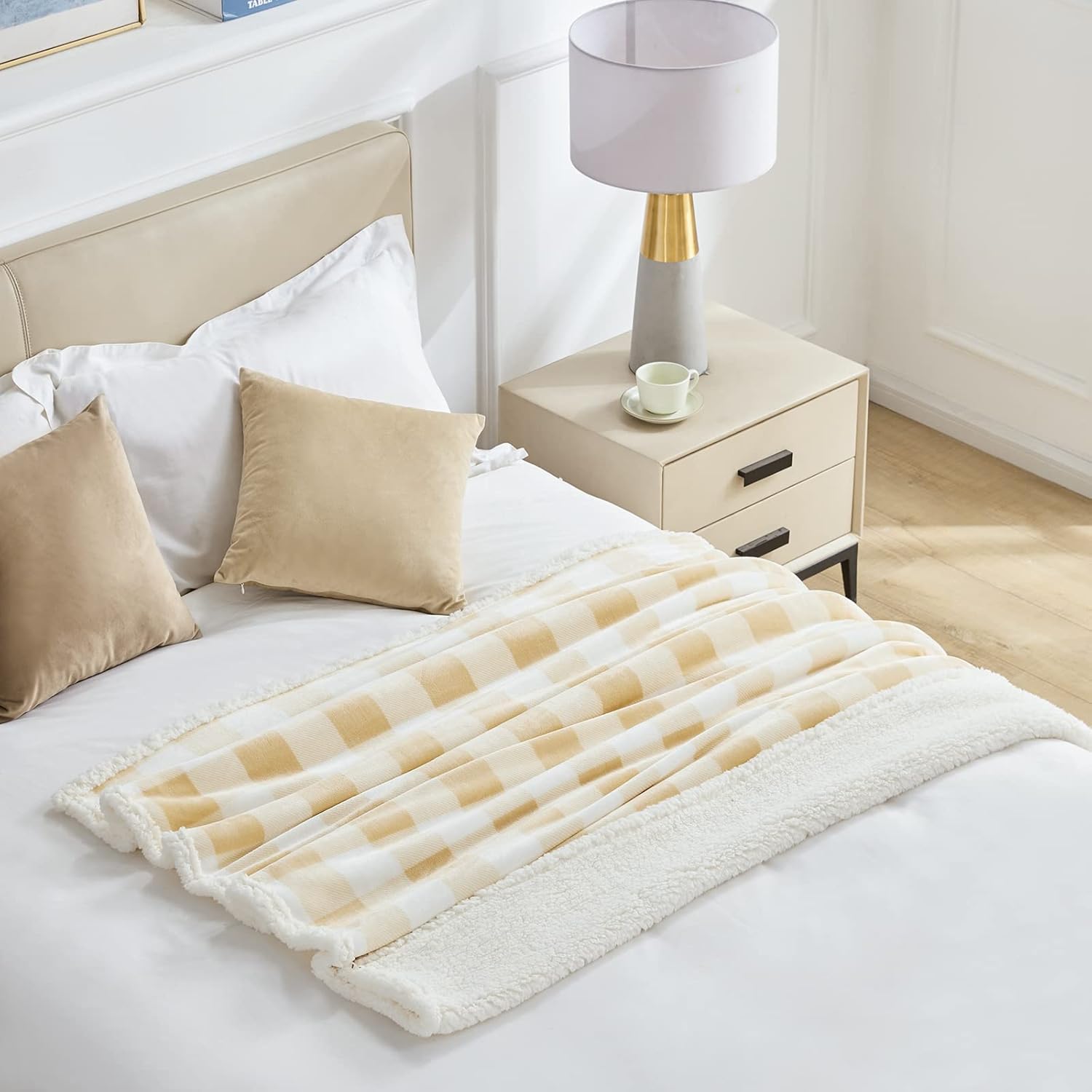 Touchat Sherpa Buffalo Plaid Twin Blanket 60" X 70", Fuzzy Fluffy Soft Cozy Throw Blanket, Fleece Flannel Plush Microfiber Blanket for Couch Bed Sofa(Beige)