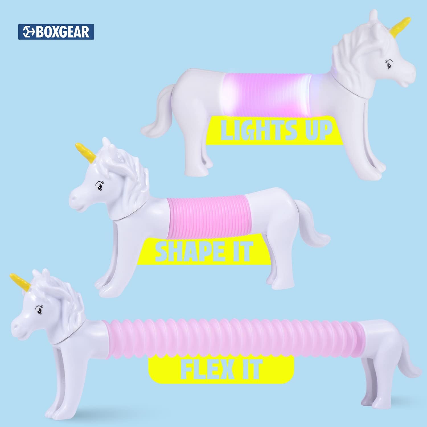 Boxgear 5-Pack LED Pop Tubes Mixed Animal Fidget Toys – Sensory Tubes for Toddlers – Cute Animal Sensory Fidget Toys for Girls and Boys – Stress-Relief Pop Sound Spring Toddler Sensory Toys