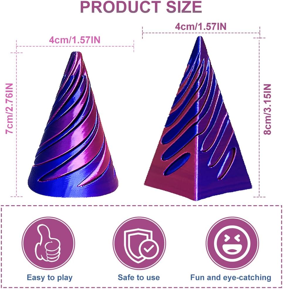 Spiral Cone Fidget Toy,Impossible Cone Pyramid Passthrough Sculpture Bulk Fidget Toys for 3D Printed,Anxiety Stress Relief Desk Deco Souvenir Mini Gift Toy for Home Office (#C-Laser Blue Purple)