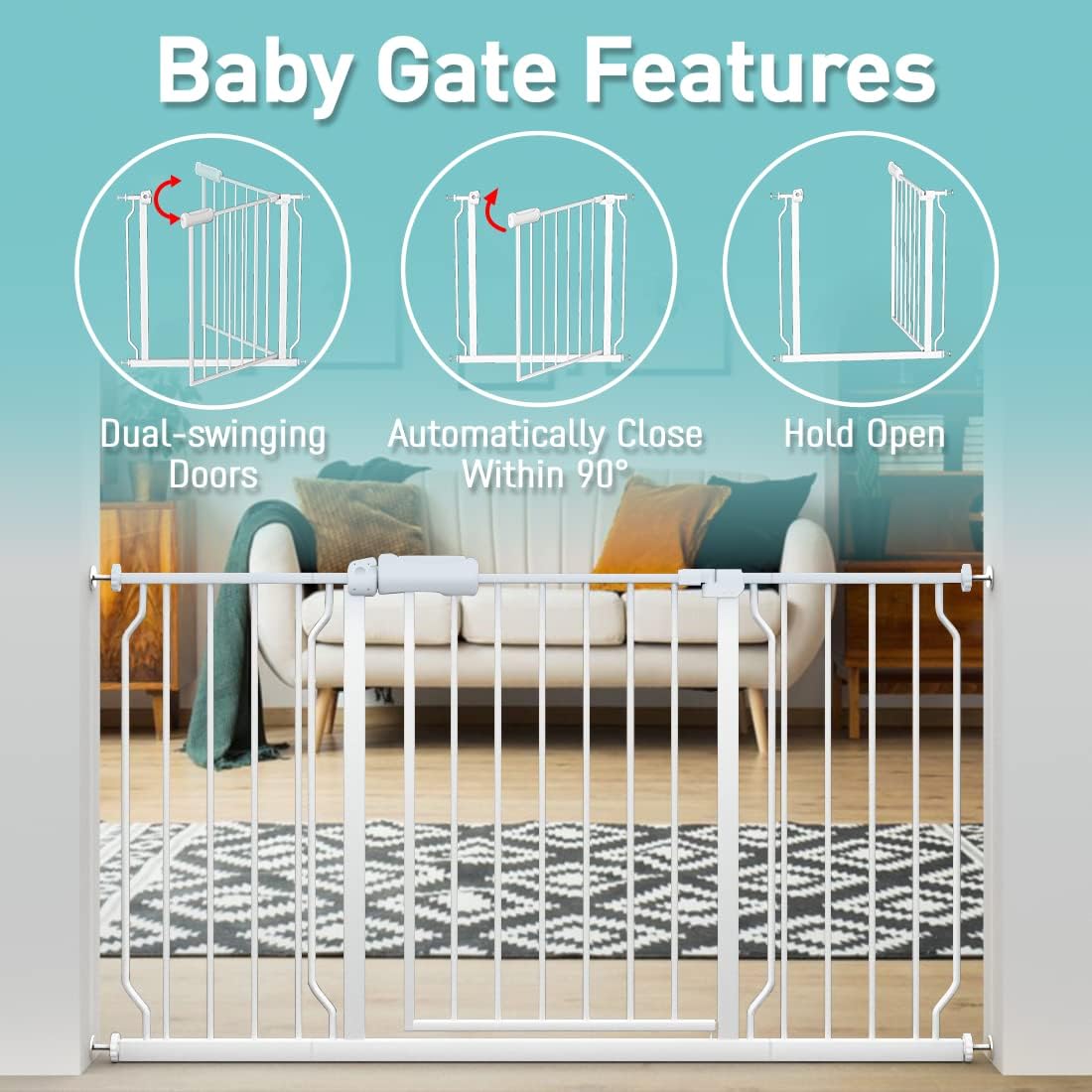 WAOWAO Baby Gate 38.58-43.27" Extra Wide Pressure Mounted Walk Through Swing Auto Close Safety White Metal Toddler Kids Child Dog Pet Puppy for Stairs,Doorways,Kitchen
