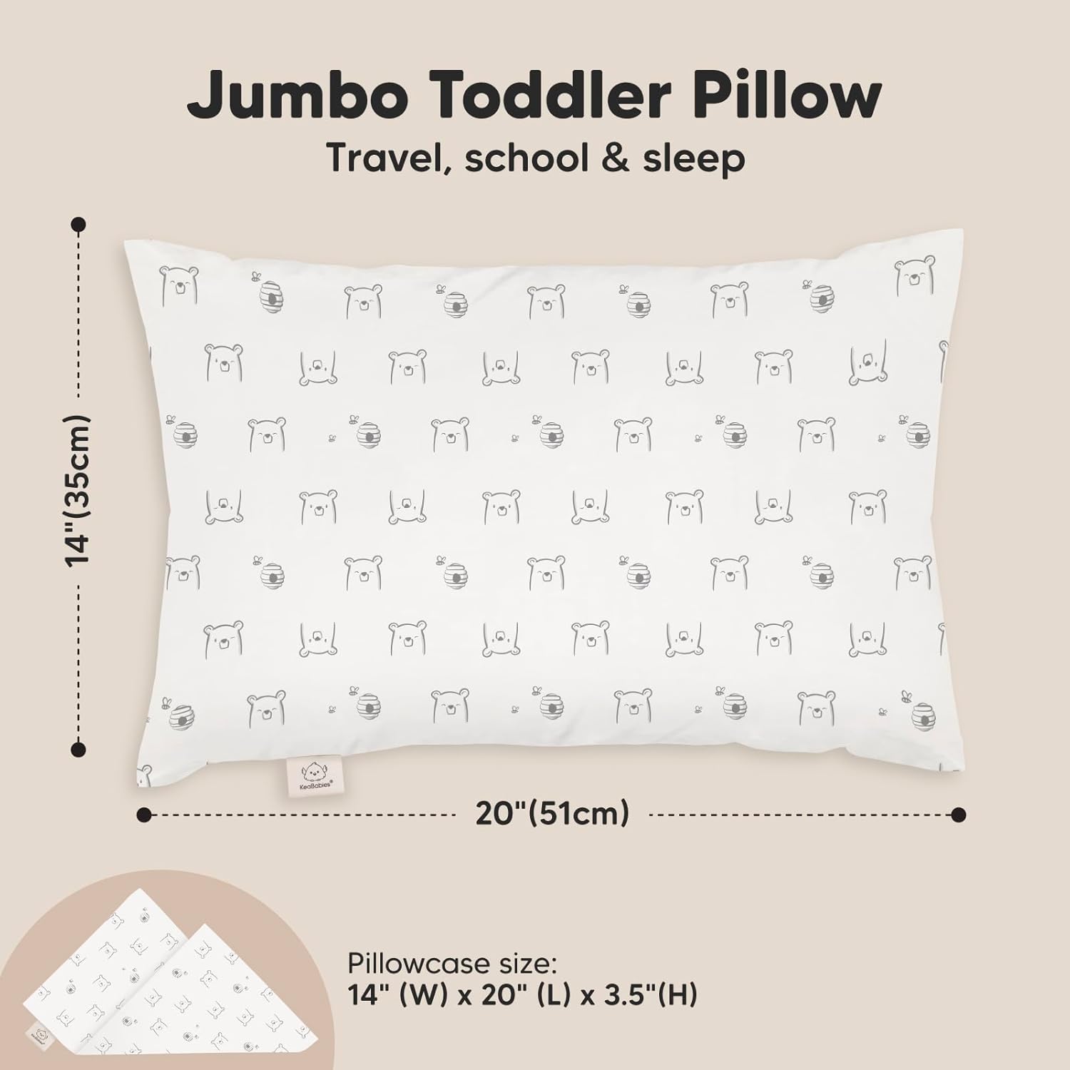 KeaBabies Toddler Pillow with Pillowcase, Jumbo 14X20 - Soft Organic Cotton Toddler Pillows for Sleeping - Machine Washable - Perfect for Travel, Toddler Bed Set (Bumble Bear)