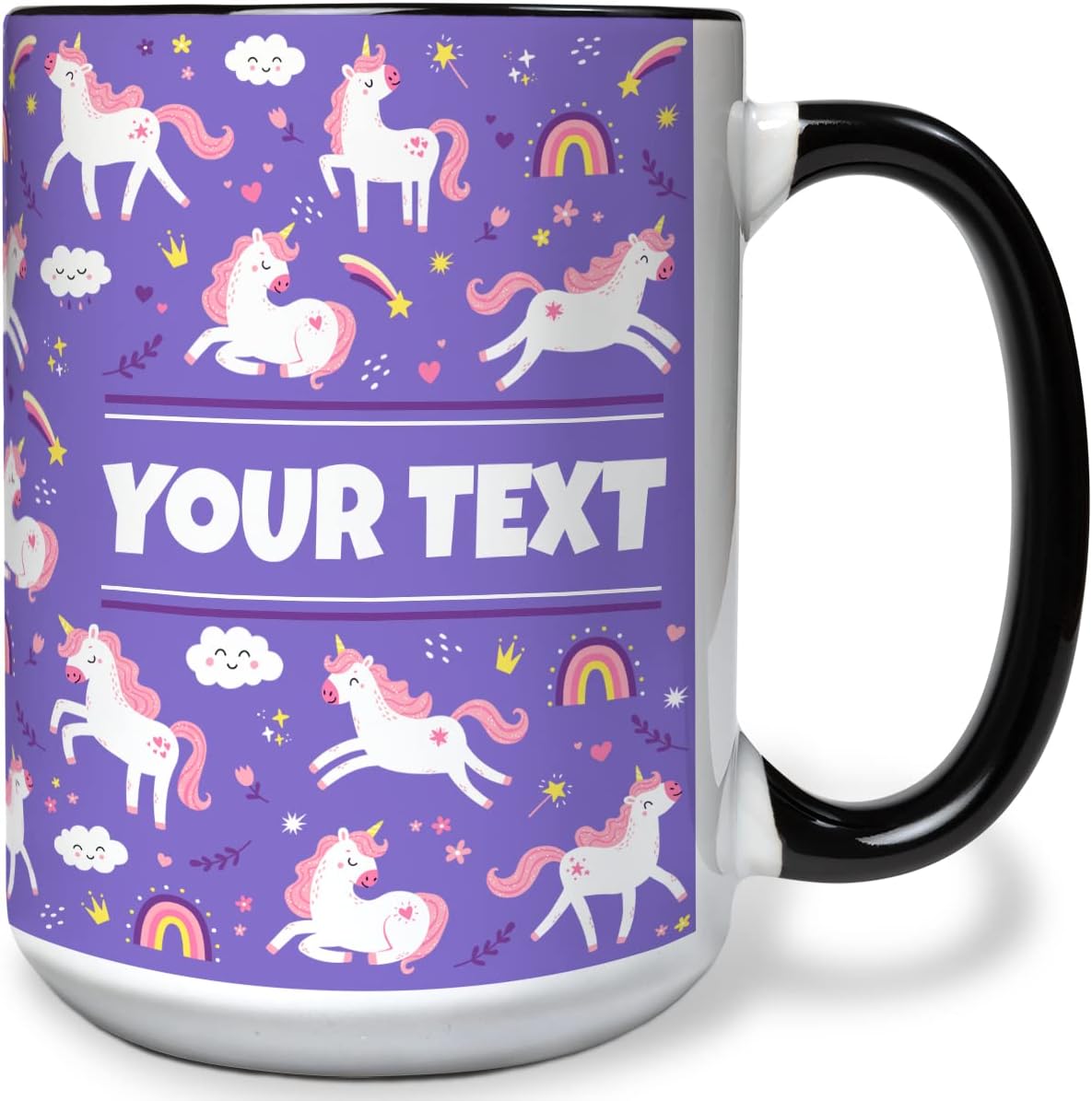 Personalized Mug for Kids - Purple Unicorn - Custom Name/Text, Ceramic Hot Chocolate/Cocoa/Coffee Cup for Girls, Birthday/Christmas/Holiday Gift - 15 oz, Black Handle