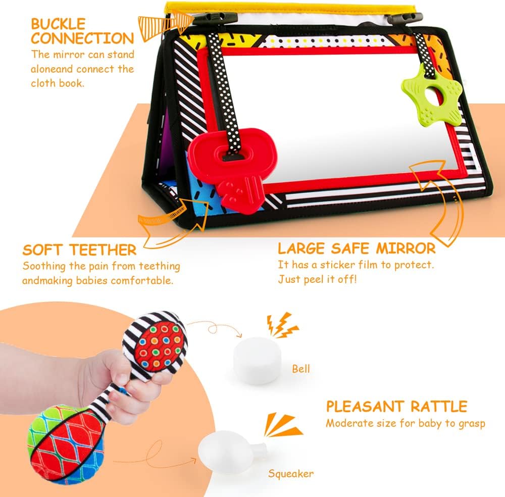 3-in-1 Tummy Time Mirror with Soft Crinkle 3D Activity Book, Teethers, Rattle - High Contrast Black and White Montessori Baby Crawling Toys Developmental Newborn Infant Sensory Toys Gift 0-12 Months