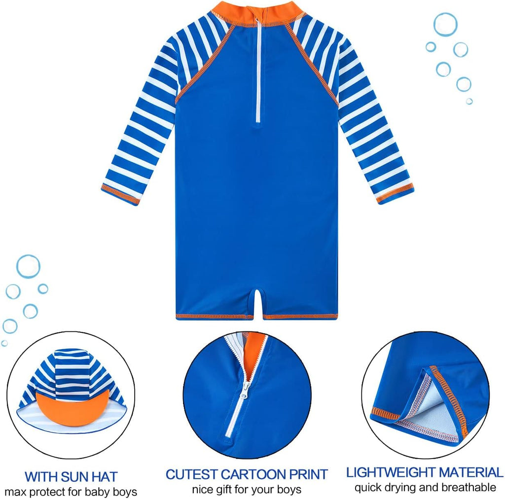 uideazone Baby Boys One Piece Swimsuit Long Sleeve UPF 50+ Rash Guard Bathing Suit Swimwear with Sun Hat 0-24 Months