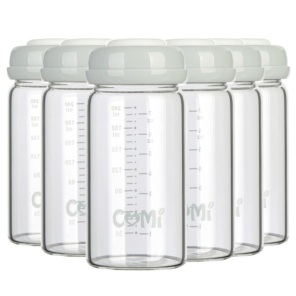 COMI Wide Neck Glass Breastmilk Collection n Storage Bottle, 8oz with Screw Ring Sealing Disk; Re-markable Sealing Disc. BPA Free, Fits Breast Pumps & Nipples (6 Gray Lids)