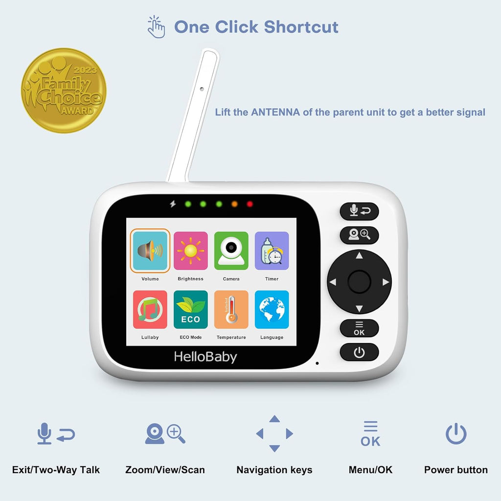 HelloBaby 3.2'' Baby Monitor 3 Cameras, Video Audio Baby Monitor No WiFi, Remote Pan-Tilt-Zoom, ECO, Night Vision, 2-Way Talk, 1000ft Range, 8 Lullabies and Temperature, Gifts for Parents and Babies