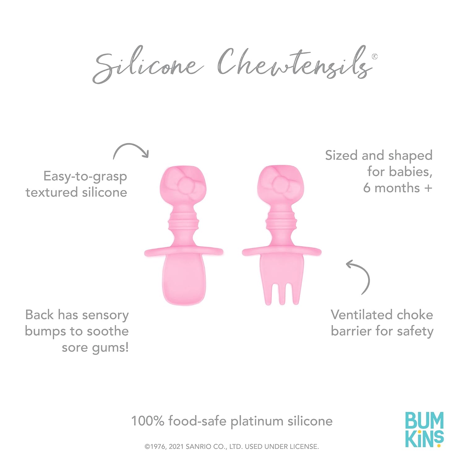 Bumkins Baby Utensils Set, Chewtensils Silicone Spoons for Dipping, Self-Feeding, Baby Led Weaning, Trainer Learning, First Stage Eating, Soft Practice Fork and Spoon, 6 Months, Hello Kitty Pink