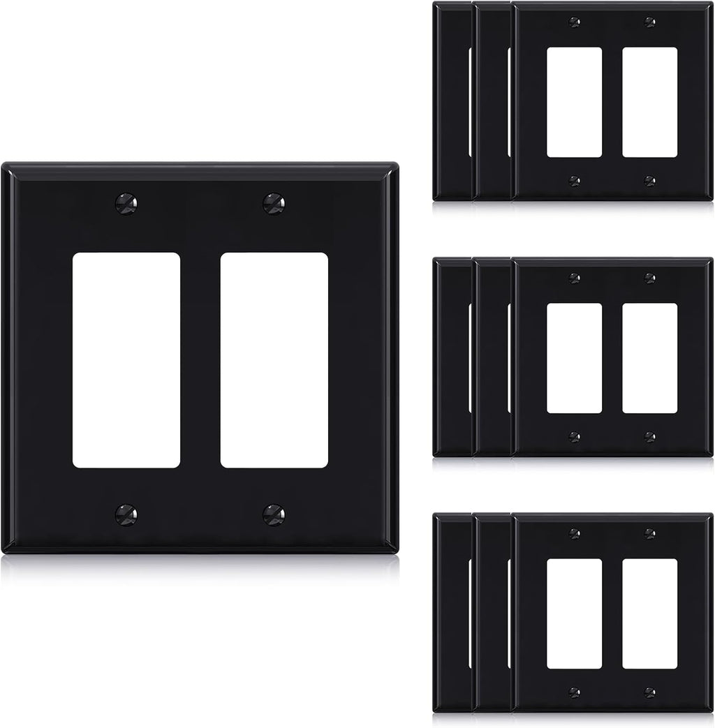 ELEGRP 2-Gang Decorative Wall Plates, Mid-Size 4.88" H x 4.94" L Unbreakable Thermoplastic Faceplate Cover for Decorator Receptacle Outlet Switch, UL Listed (10 Pack, Glossy Black)