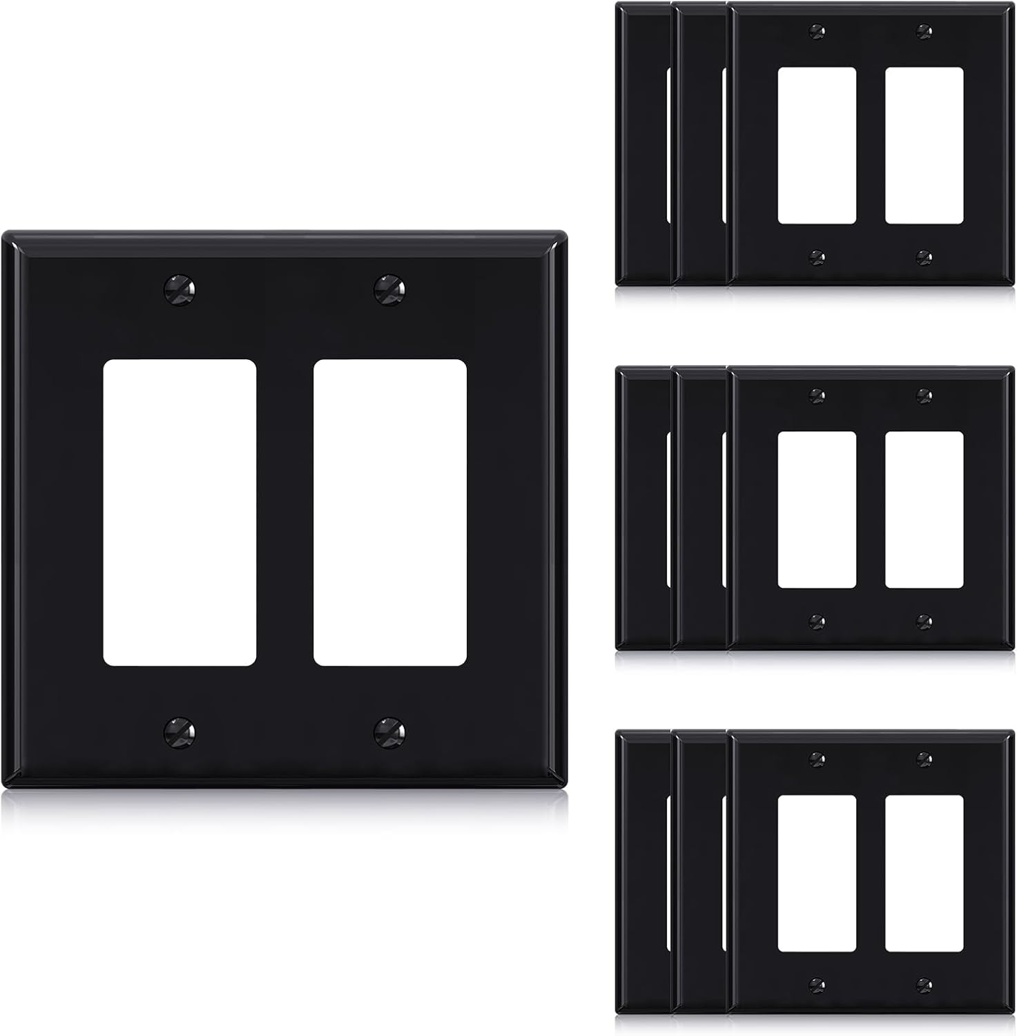 ELEGRP 2-Gang Decorative Wall Plates, Mid-Size 4.88" H x 4.94" L Unbreakable Thermoplastic Faceplate Cover for Decorator Receptacle Outlet Switch, UL Listed (10 Pack, Glossy Black)
