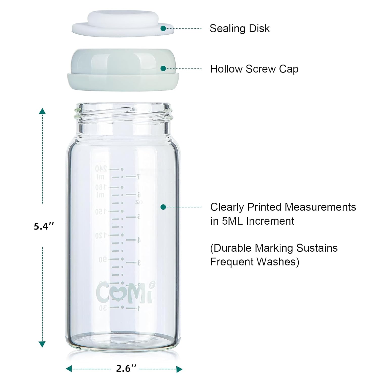 COMI Wide Neck Glass Breastmilk Collection n Storage Bottle, 8oz with Screw Ring Sealing Disk; Re-markable Sealing Disc. BPA Free, Fits Breast Pumps & Nipples (2 Gray Lids)