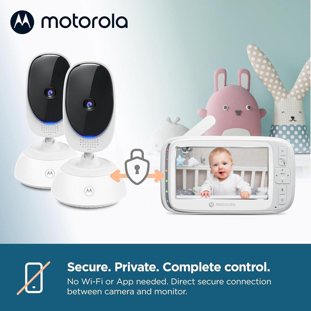 Motorola Nursery VM75 2-Camera Video Baby Monitor, 1000ft Range no WiFi 2.4 GHz Wireless, 5" Screen, 2-Way Audio, Pan/Tilt/Zoom, Room Temp, Lullabies, Night Vision (Renewed)