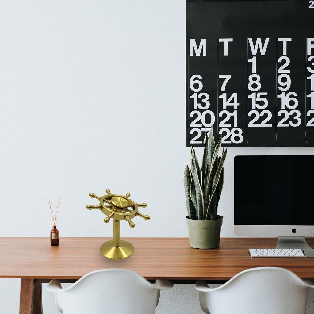 Brass Spinner Ship Wheel, Kinetic Desk Toy Spin with Stand, High Speed Bearing Metal Hand Spinners Anxiety Finger Tabletop Toys Gyro （Small）