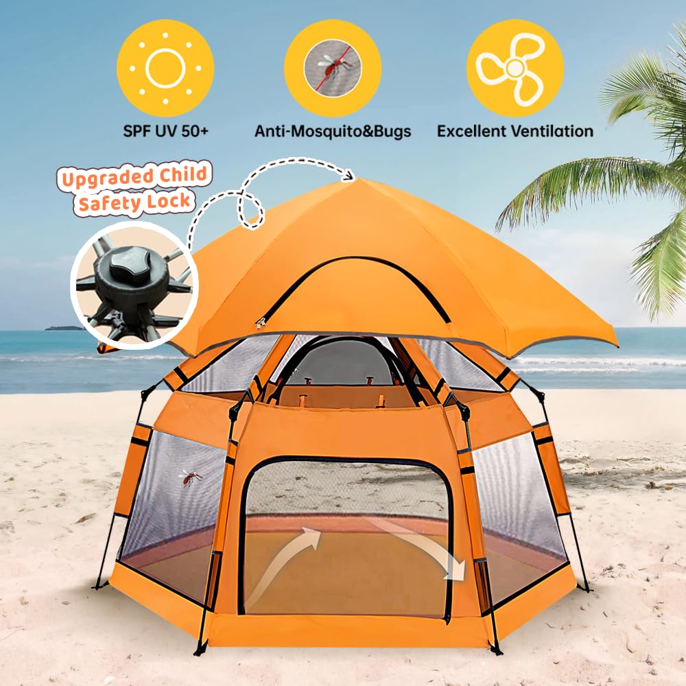 Baby Pop Up Playpen with Canopy, Pop Up Baby Pop Up Tent with Safety Lock, Portable Toddler Play Yard with Travel Bag, 6 Ground Stakes, 6 Sand Stakes