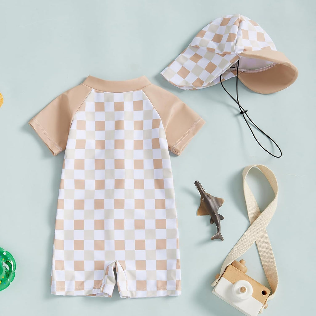 MAYUMMPY Baby Boys Girls Swimwear Casual Zipper One Pieces Rash Guard Swimsuit and Hat Beachwear Bathing Suit