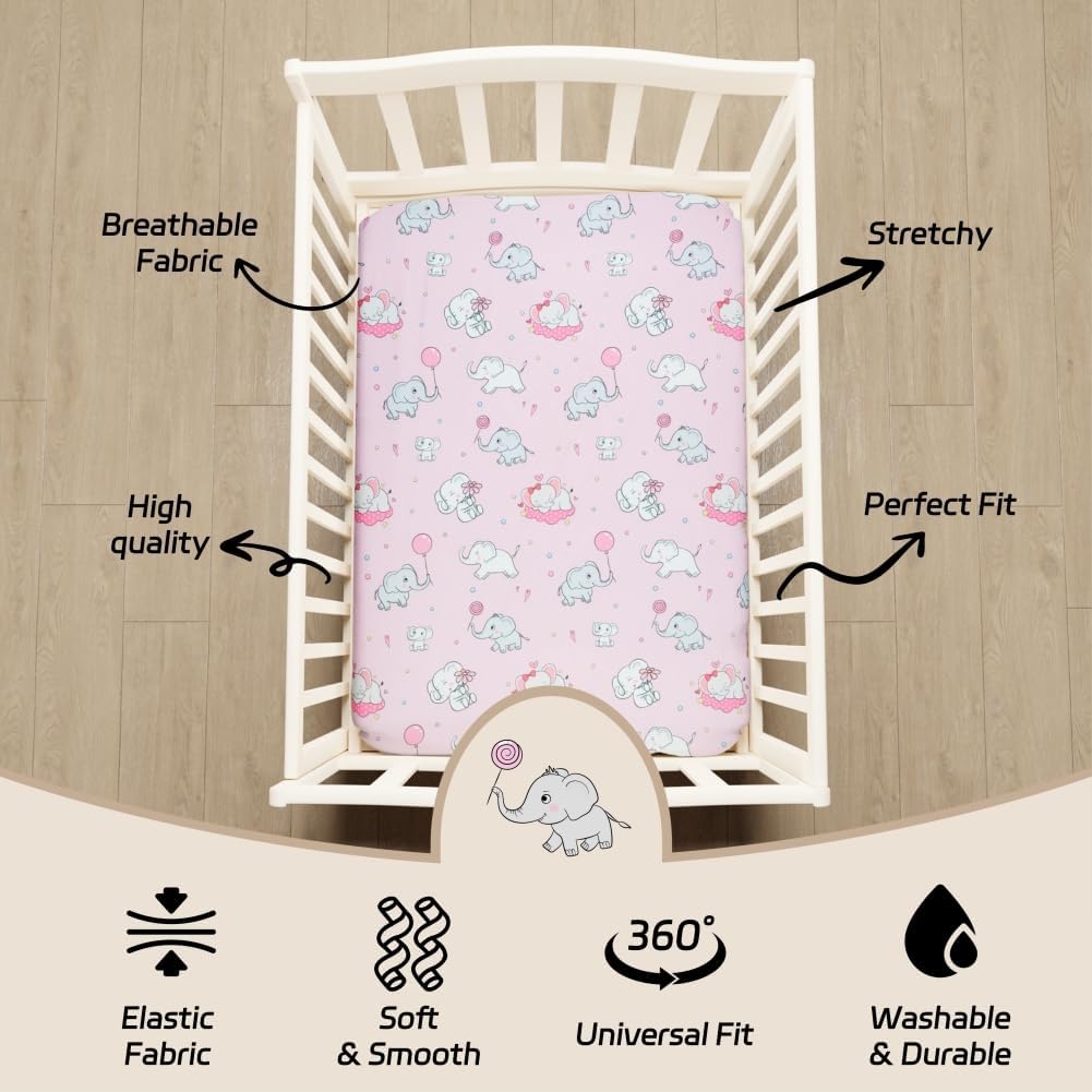 4 Pack Baby Girl Pack N Play Mini Crib Sheets Set Soft Fitted Elephant Theme Baby Girl Mattress Covers Breathable Toddler Bed Sheets for Infant or Newborn(Elephant, Pack N Play Mini Crib Sheets)