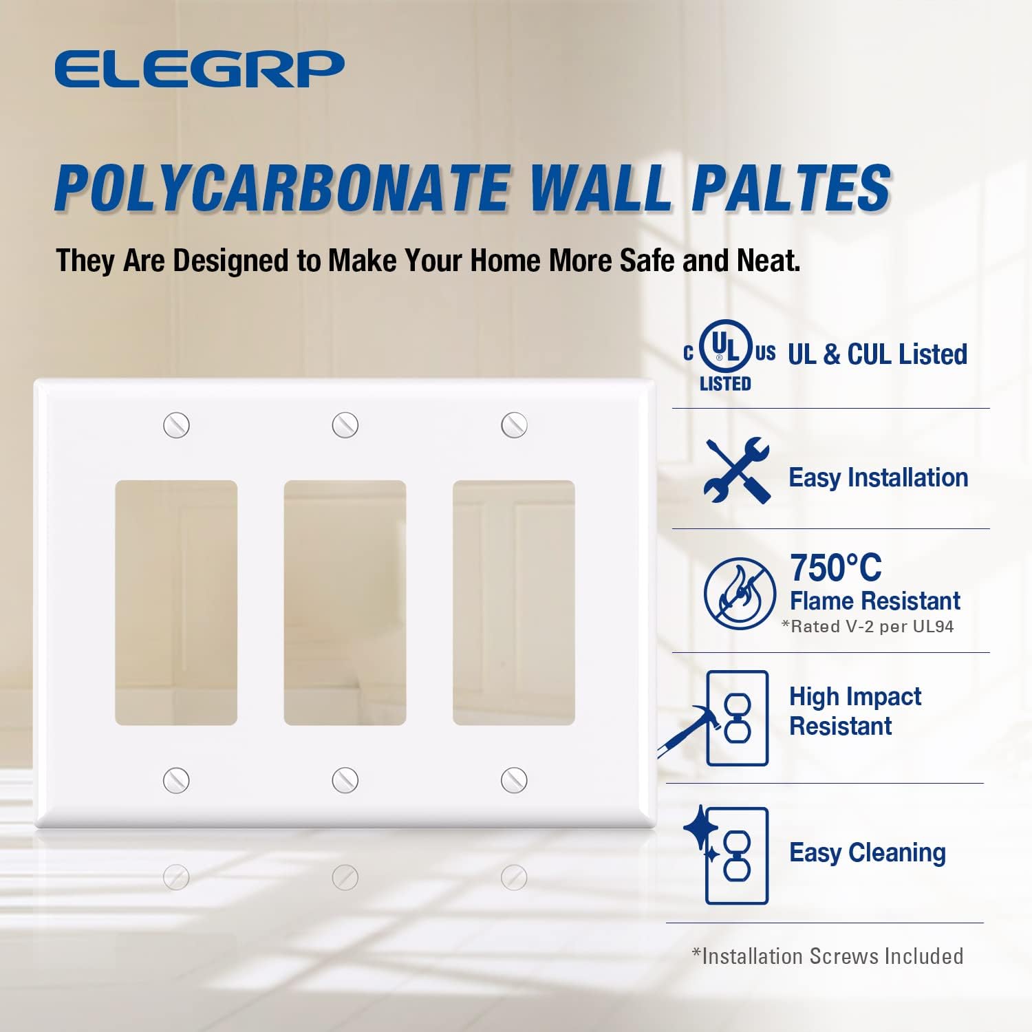 ELEGRP 3-Gang Decorative Wall Plates, Mid-Size 4.88" H x 6.75" L Unbreakable Thermoplastic Faceplate Cover for Decorator Receptacle Outlet Switch, UL Listed (5 Pack, Glossy White)