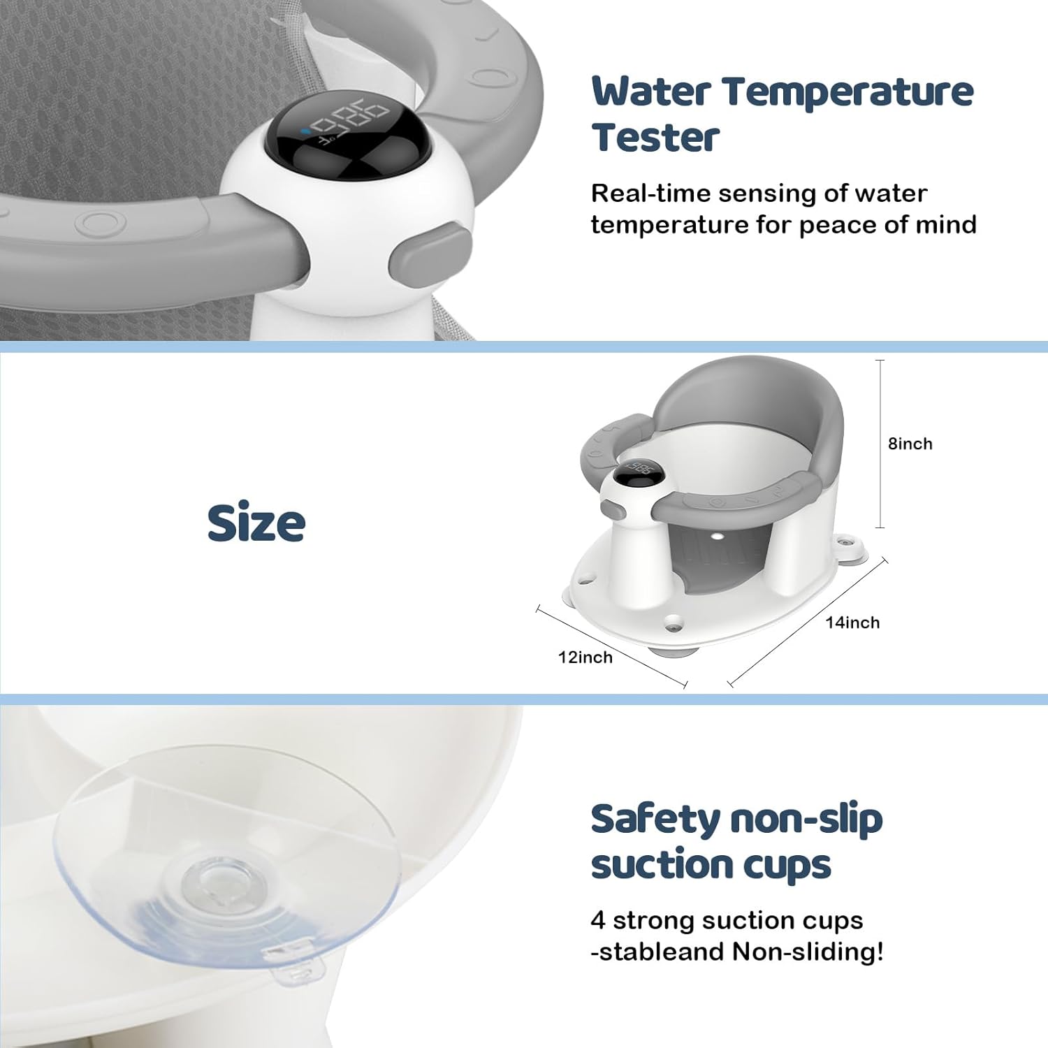 Baby Bath Seat-for Babies 6 Months & up, Water Temperature Display+Soft Cushion, Non-Slip Toddler Bath Seat for Baby, Sit Up Bath Seat for Baby, Grey