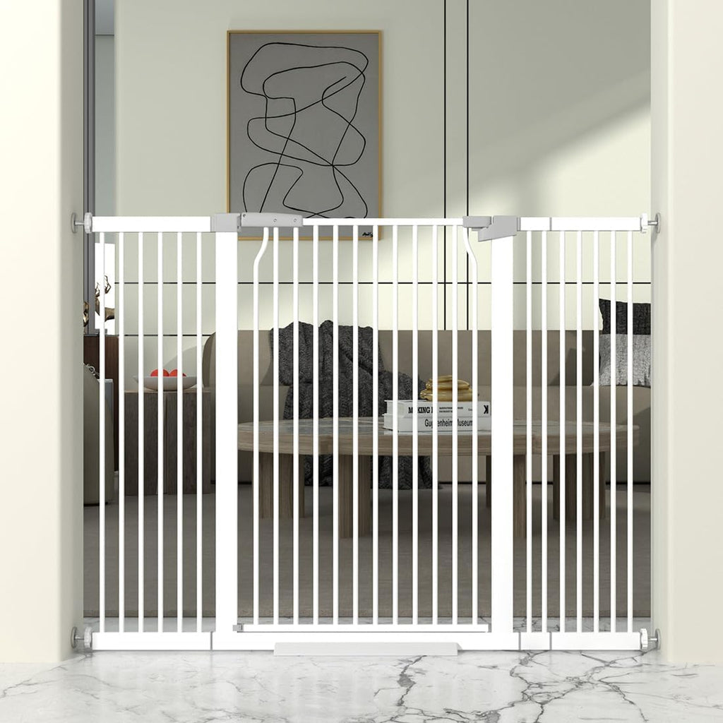 41" Extra Tall Cat Gate for Doorway, 49.2-54.7 Metal Pet Baby Safe Gate, Extra Wide Pressure Mounted Child Door with Expansion Kit, No Drilling No Climb Cat Fence Indoor, Tall Dog Gate, White