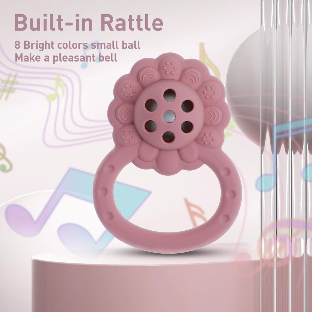 Rattle Teether, Lion Shape Montessori Baby Sensory Teething Toys, Food Grade Silicone BPA Free, Newborn Essentials Must Haves (Shifting Sand Sage)