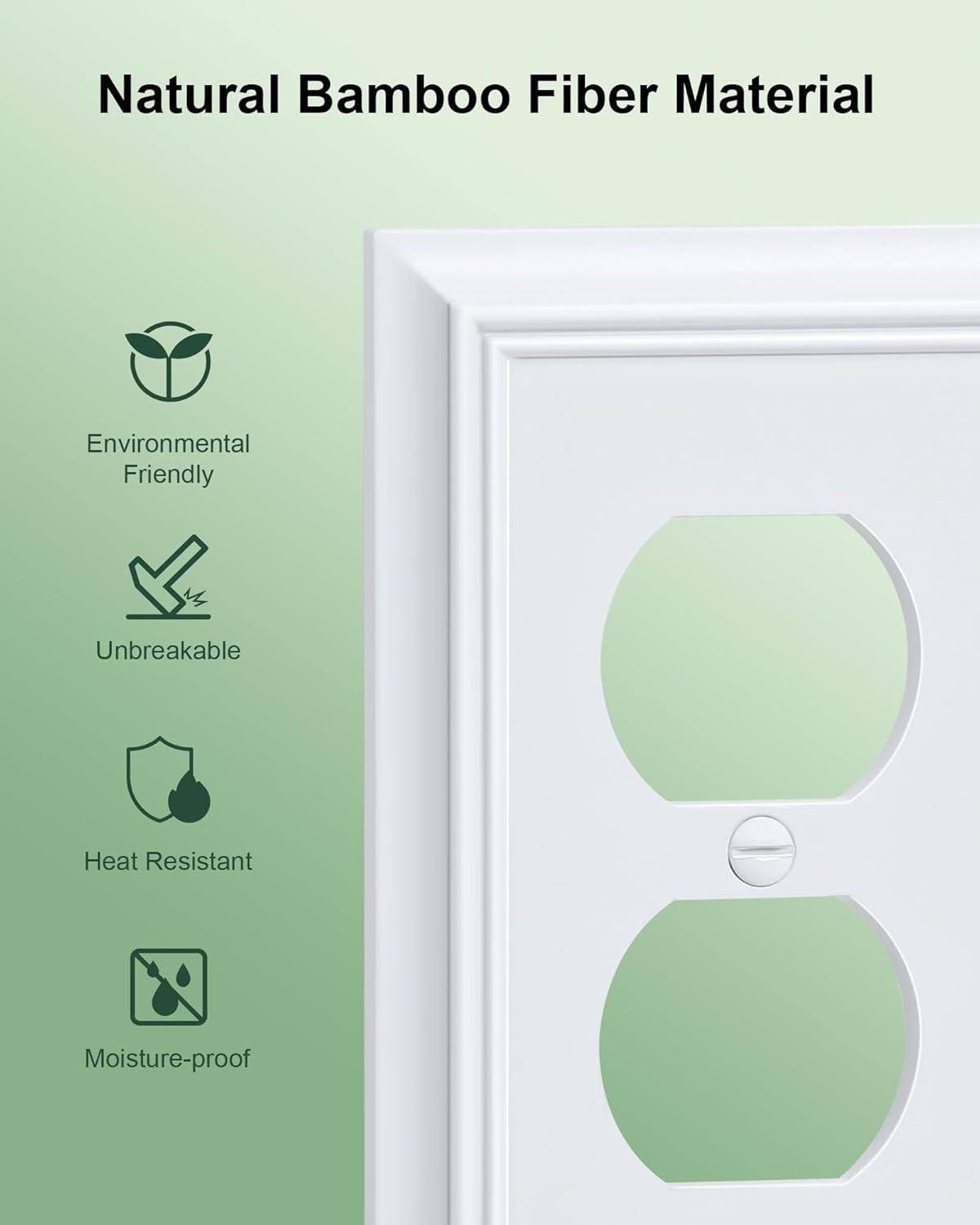 4-Pack Duplex Outlet Cover Plate, Decorative Pure White Switch Plates and Outlet Covers, Natural Bamboo Fiber Wall Plates for Electrical Outlets, 1 Gang Receptacle Cover, Corrosion Resistant