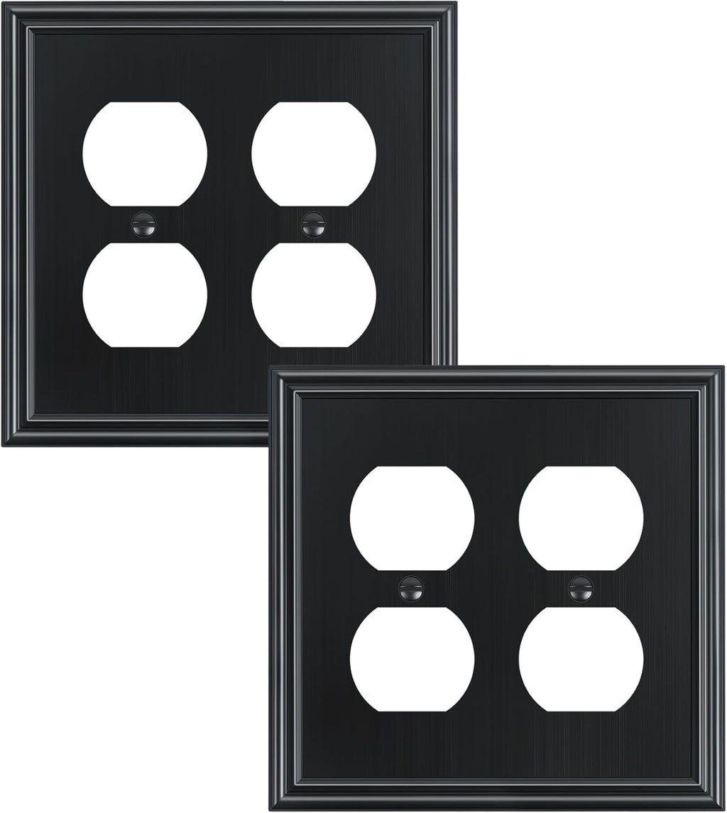 2-Pack Double Duplex Outlet Cover, Black Decorative Switch Plates and Outlet Covers for Electrical Outlets, Durable Zinc Alloy Wall Plates, 2 Gang Receptacle Cover, Corrosion Resistant