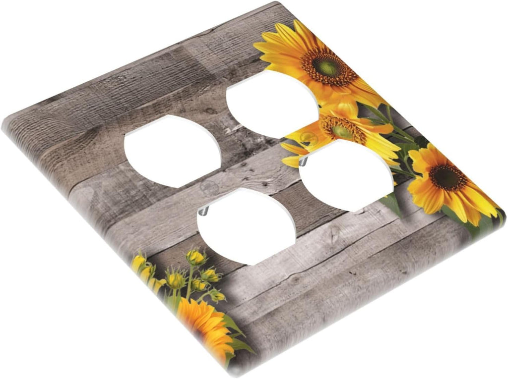 Sunflower Rustic Brown Gray Wood Outlet Covers 2 Gang Double Duplex Decorative Light Switch Covers Electrical Wallplates Socket Faceplate for Farmhouse Home Decor