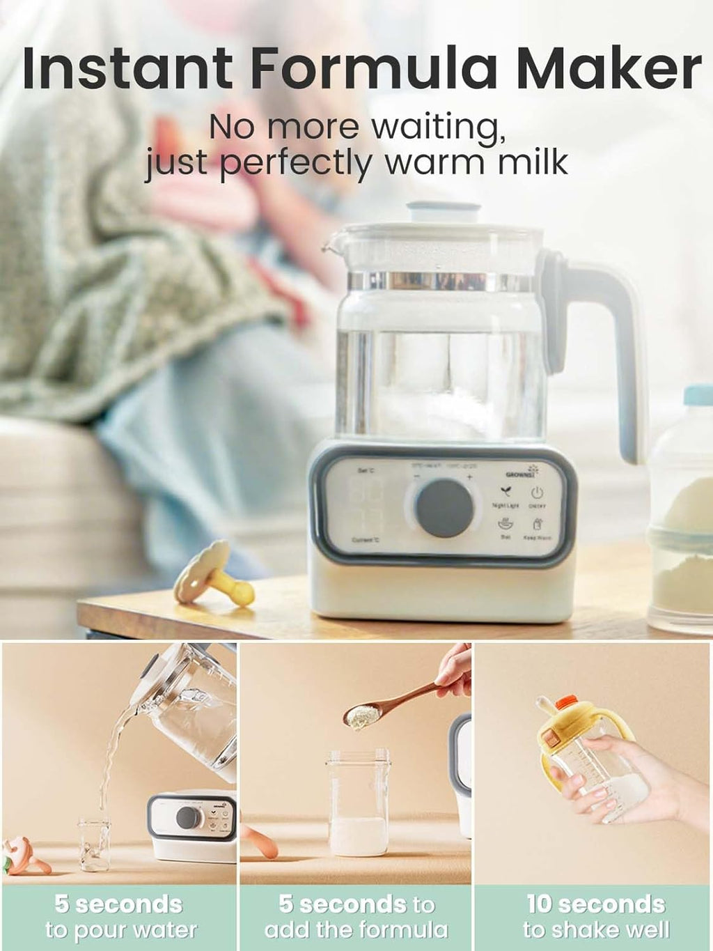 GROWNSY Baby Instant Warmer, Glass Water Boiler with Accurate Temperature Control for Formula, Coffee and Tea, 1.3 Liter Electric Kettle with LCD Display and Timer