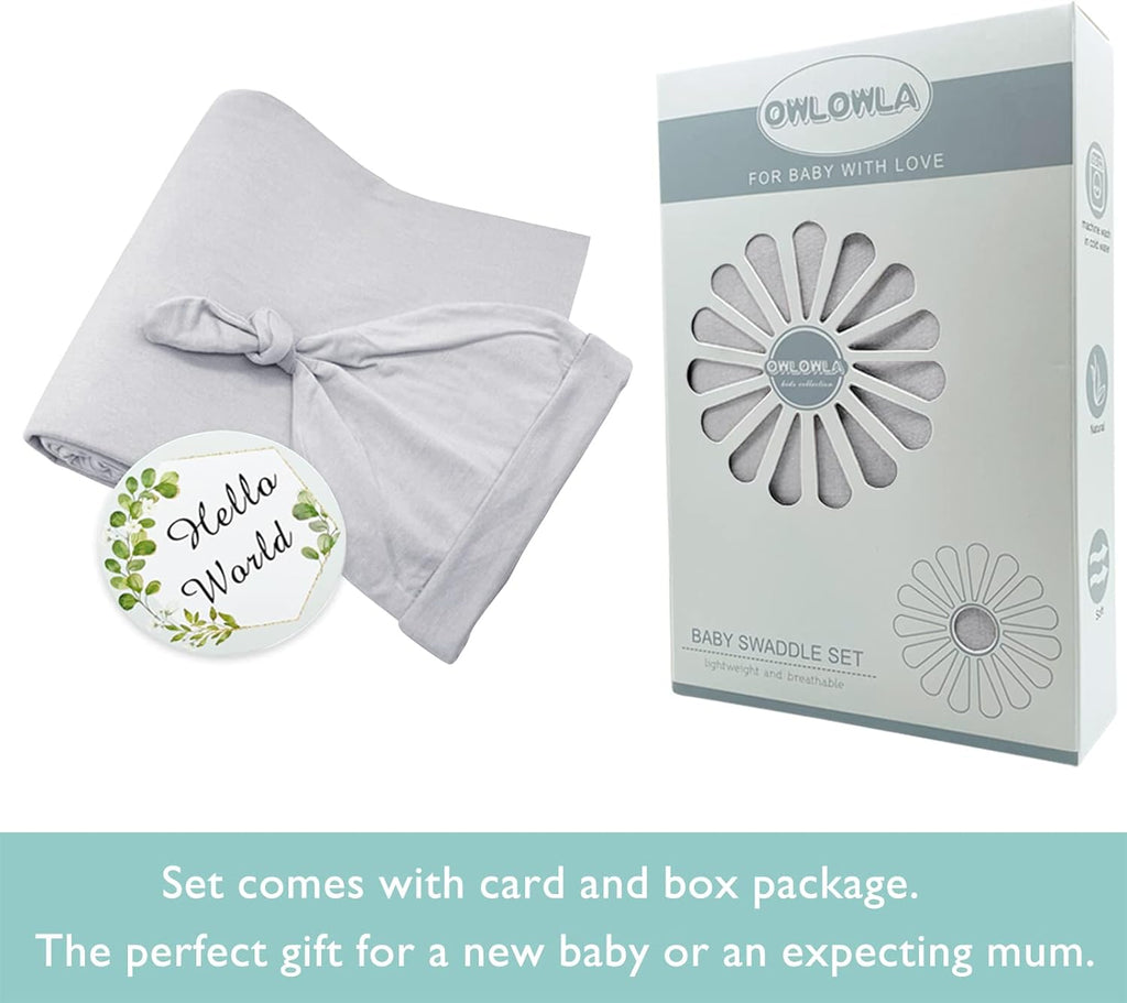 OWLOWLA Swaddle Blanket and Hat Set Newborn Swaddle Wrap Baby Receiving Blanket for Baby Boys Girls(Light Grey)